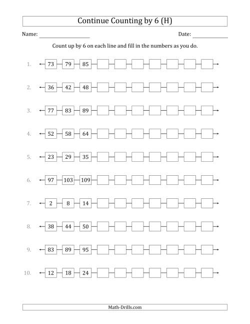 The Continue Counting Up by 6 from Various Starting Numbers (H) Math Worksheet