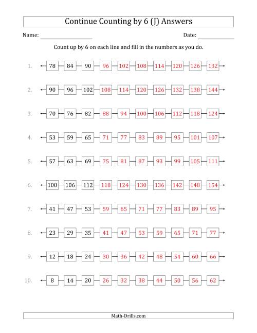 The Continue Counting Up by 6 from Various Starting Numbers (J) Math Worksheet Page 2