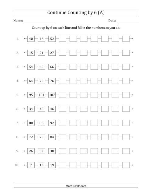 The Continue Counting Up by 6 from Various Starting Numbers (All) Math Worksheet