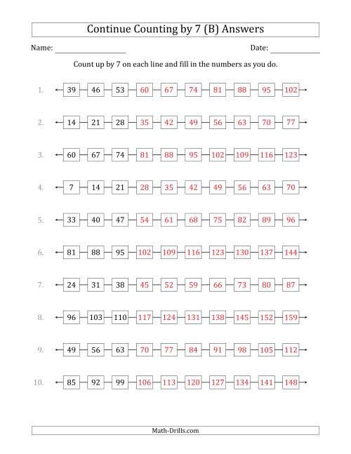 The Continue Counting Up by 7 from Various Starting Numbers (B) Math Worksheet Page 2