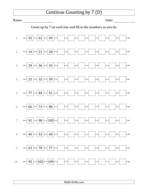 The Continue Counting Up by 7 from Various Starting Numbers (D) Math Worksheet