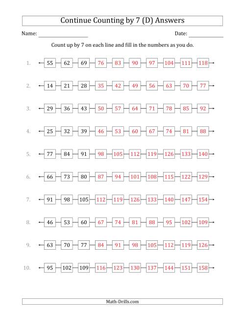 The Continue Counting Up by 7 from Various Starting Numbers (D) Math Worksheet Page 2