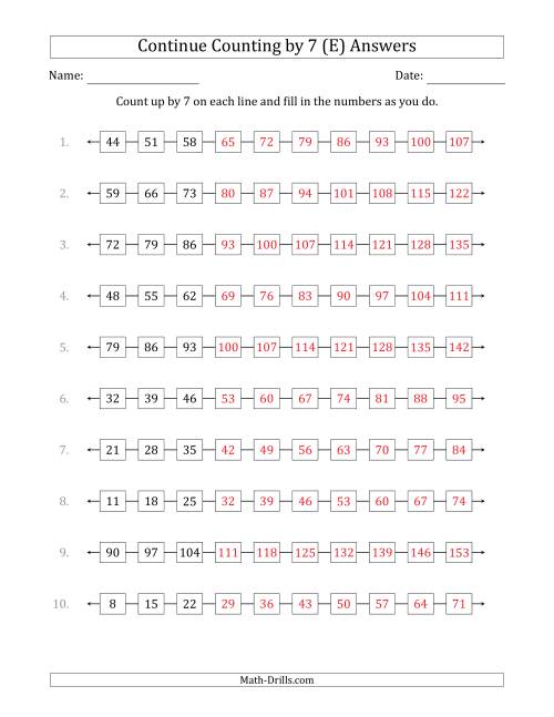 The Continue Counting Up by 7 from Various Starting Numbers (E) Math Worksheet Page 2