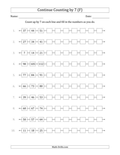 The Continue Counting Up by 7 from Various Starting Numbers (F) Math Worksheet