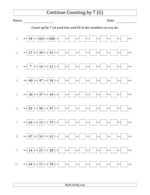 The Continue Counting Up by 7 from Various Starting Numbers (G) Math Worksheet