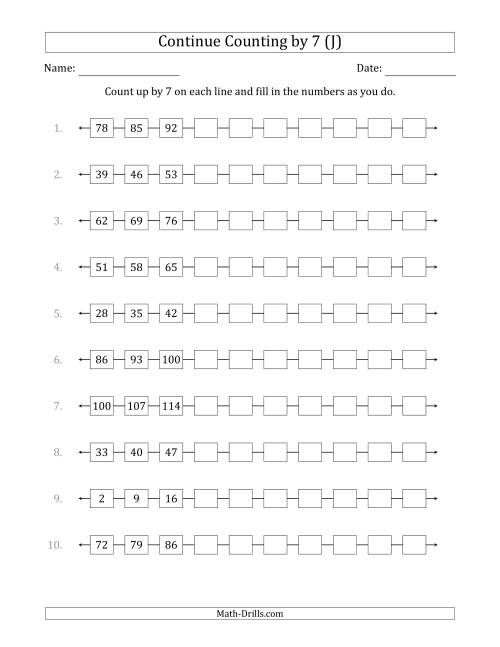The Continue Counting Up by 7 from Various Starting Numbers (J) Math Worksheet
