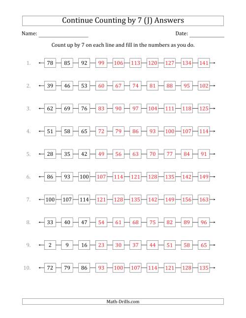 The Continue Counting Up by 7 from Various Starting Numbers (J) Math Worksheet Page 2