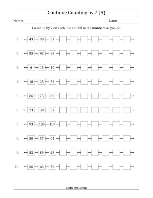The Continue Counting Up by 7 from Various Starting Numbers (All) Math Worksheet