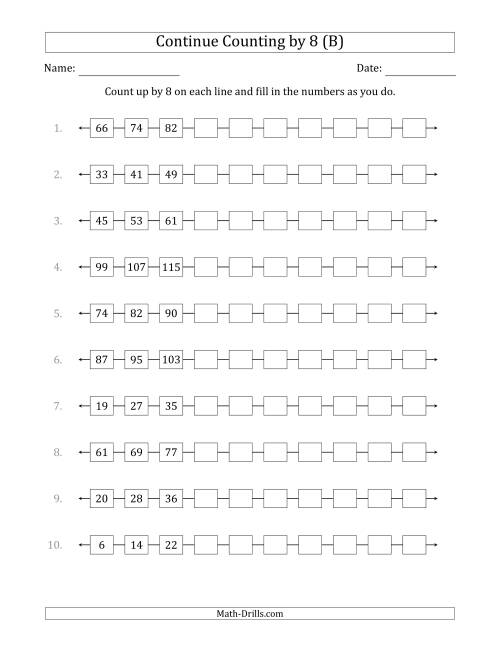 The Continue Counting Up by 8 from Various Starting Numbers (B) Math Worksheet