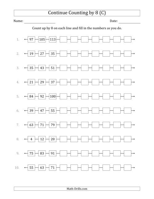 The Continue Counting Up by 8 from Various Starting Numbers (C) Math Worksheet