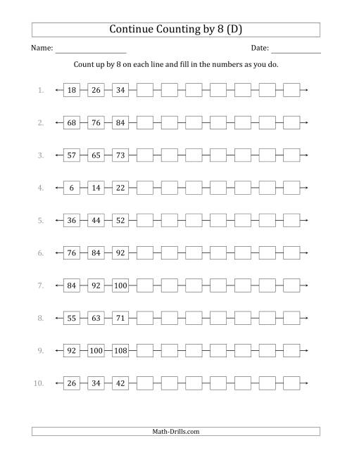 The Continue Counting Up by 8 from Various Starting Numbers (D) Math Worksheet