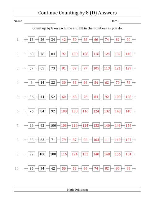 The Continue Counting Up by 8 from Various Starting Numbers (D) Math Worksheet Page 2