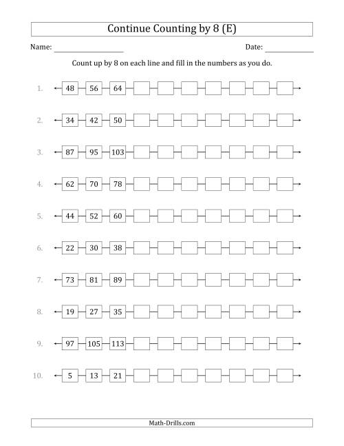The Continue Counting Up by 8 from Various Starting Numbers (E) Math Worksheet