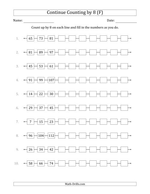 The Continue Counting Up by 8 from Various Starting Numbers (F) Math Worksheet