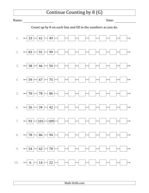 The Continue Counting Up by 8 from Various Starting Numbers (G) Math Worksheet