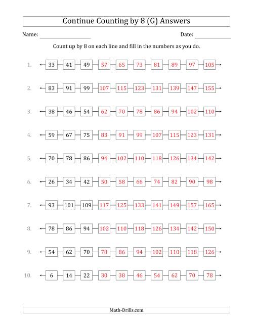 The Continue Counting Up by 8 from Various Starting Numbers (G) Math Worksheet Page 2