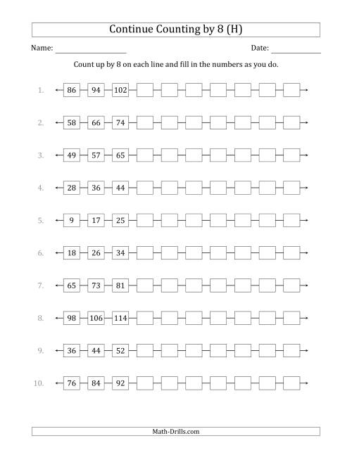 The Continue Counting Up by 8 from Various Starting Numbers (H) Math Worksheet