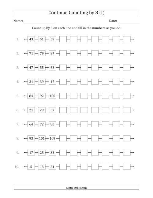 The Continue Counting Up by 8 from Various Starting Numbers (I) Math Worksheet