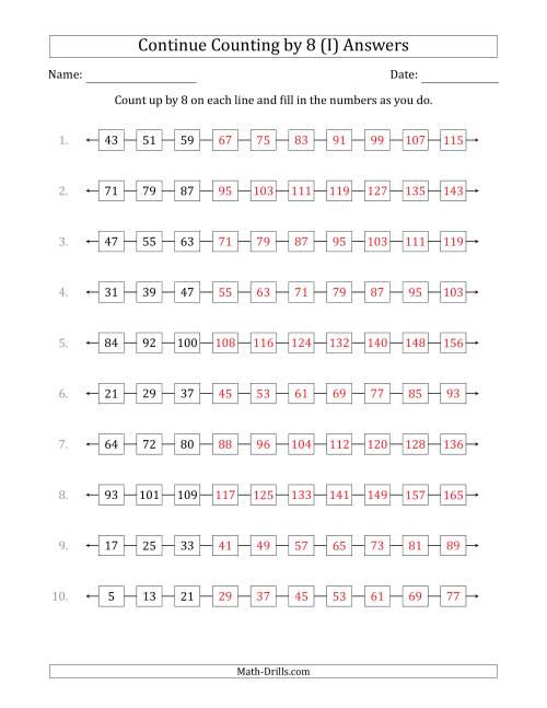 The Continue Counting Up by 8 from Various Starting Numbers (I) Math Worksheet Page 2