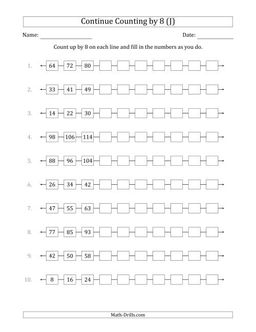 The Continue Counting Up by 8 from Various Starting Numbers (J) Math Worksheet