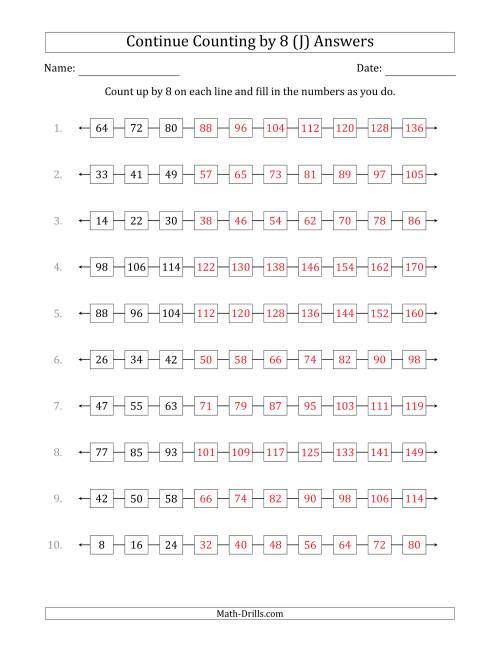 The Continue Counting Up by 8 from Various Starting Numbers (J) Math Worksheet Page 2