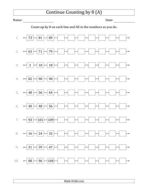 The Continue Counting Up by 8 from Various Starting Numbers (All) Math Worksheet