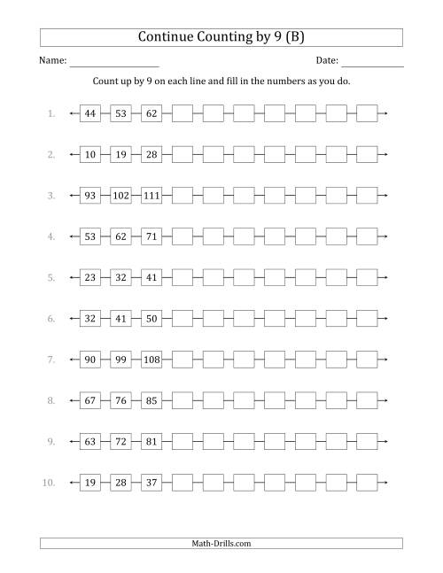 The Continue Counting Up by 9 from Various Starting Numbers (B) Math Worksheet