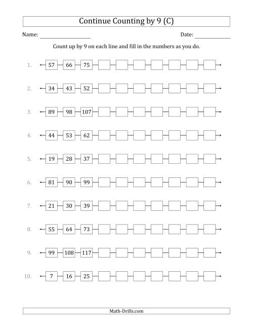 The Continue Counting Up by 9 from Various Starting Numbers (C) Math Worksheet