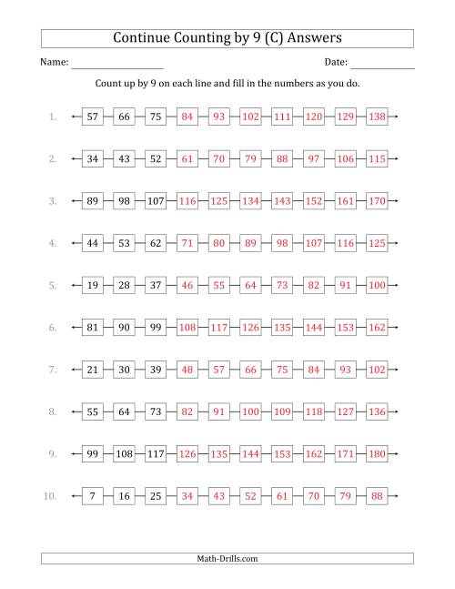 The Continue Counting Up by 9 from Various Starting Numbers (C) Math Worksheet Page 2