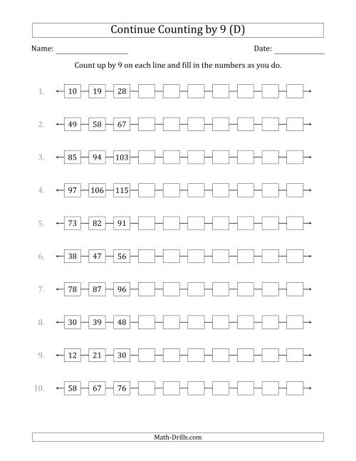 The Continue Counting Up by 9 from Various Starting Numbers (D) Math Worksheet