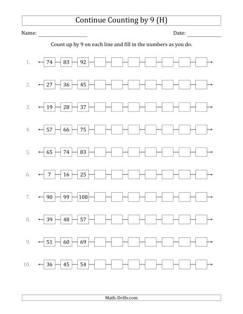 The Continue Counting Up by 9 from Various Starting Numbers (H) Math Worksheet