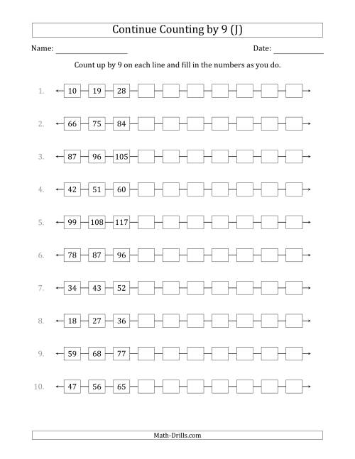 The Continue Counting Up by 9 from Various Starting Numbers (J) Math Worksheet