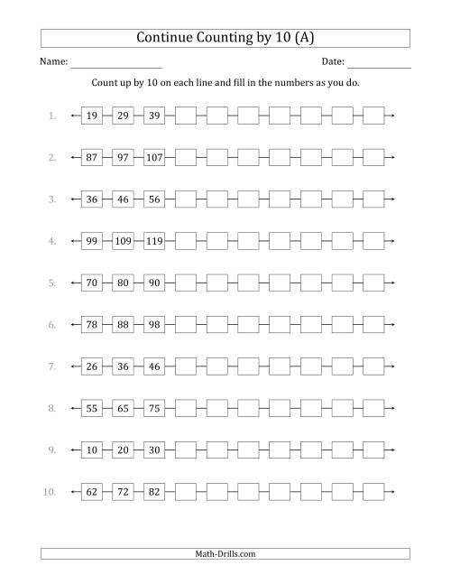 The Continue Counting Up by 10 from Various Starting Numbers (A) Math Worksheet