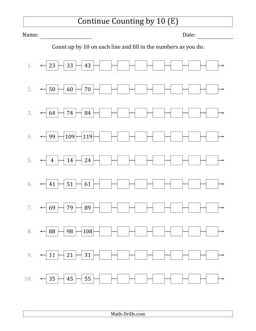The Continue Counting Up by 10 from Various Starting Numbers (E) Math Worksheet