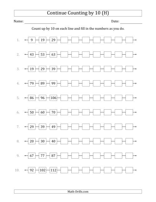 The Continue Counting Up by 10 from Various Starting Numbers (H) Math Worksheet