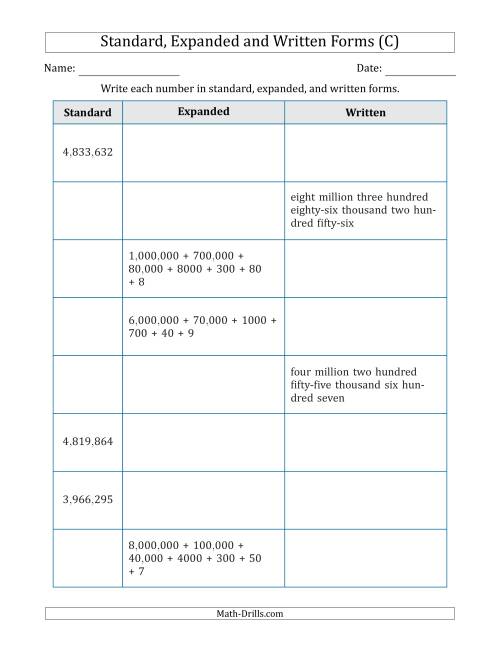 The Converting Between Standard, Expanded and Written Forms (7-Digit) U.S./U.K. Version (C) Math Worksheet