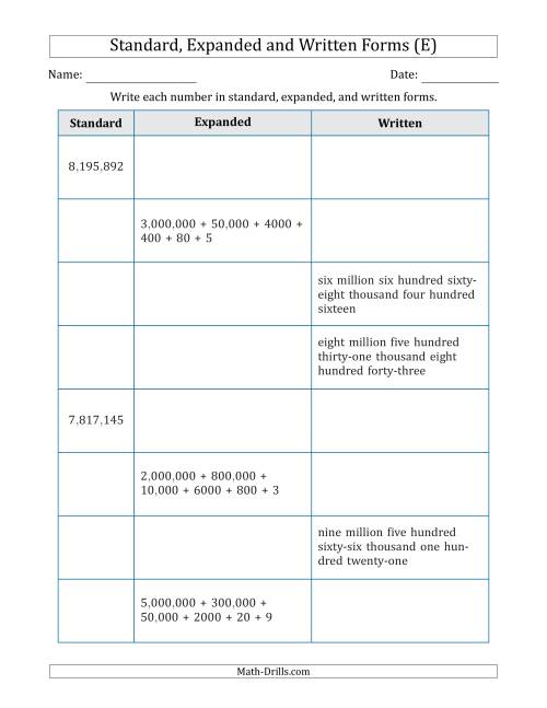 The Converting Between Standard, Expanded and Written Forms (7-Digit) U.S./U.K. Version (E) Math Worksheet