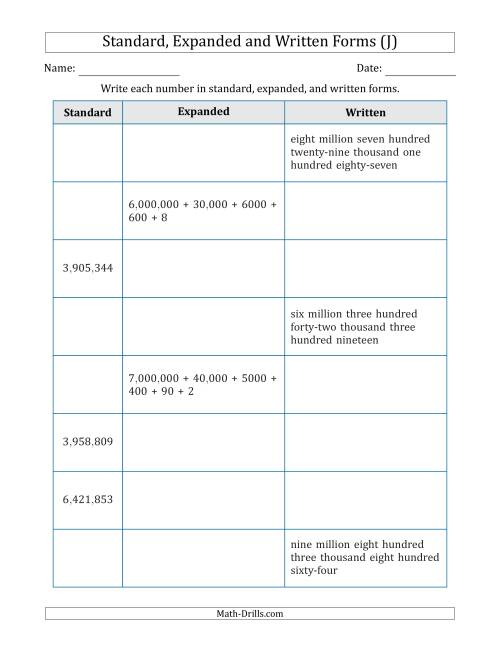 The Converting Between Standard, Expanded and Written Forms (7-Digit) U.S./U.K. Version (J) Math Worksheet