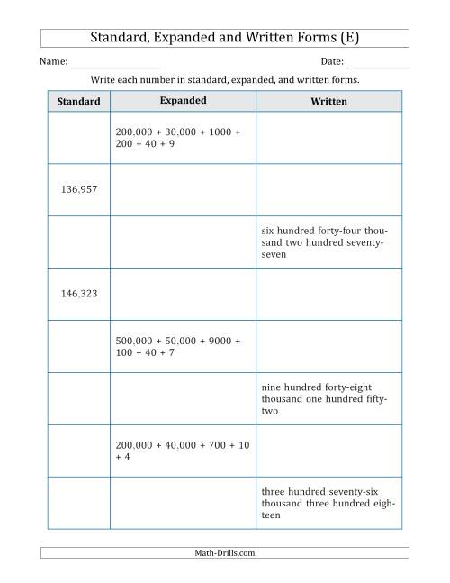 The Converting Between Standard, Expanded and Written Forms (6-Digit) U.S./U.K. Version (E) Math Worksheet