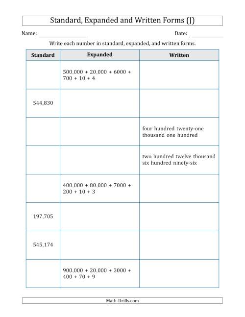 The Converting Between Standard, Expanded and Written Forms (6-Digit) U.S./U.K. Version (J) Math Worksheet
