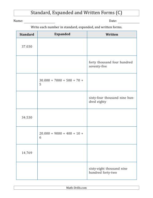 The Converting Between Standard, Expanded and Written Forms (5-Digit) U.S./U.K. Version (C) Math Worksheet