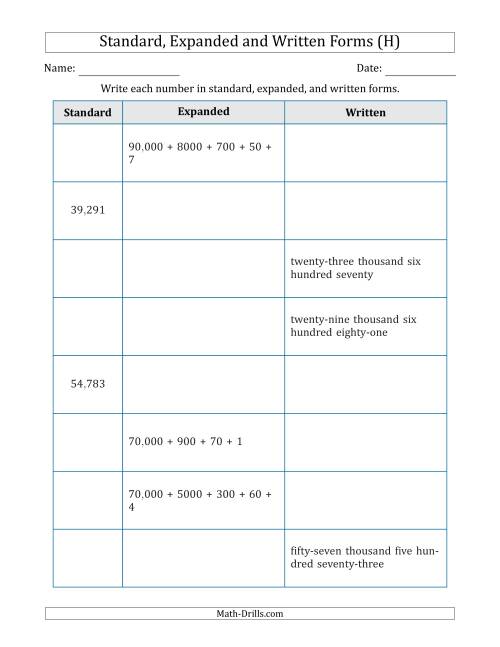 The Converting Between Standard, Expanded and Written Forms (5-Digit) U.S./U.K. Version (H) Math Worksheet
