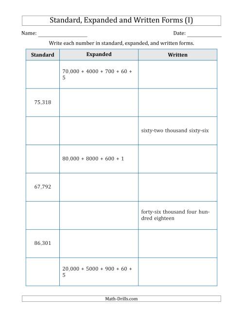 The Converting Between Standard, Expanded and Written Forms (5-Digit) U.S./U.K. Version (I) Math Worksheet