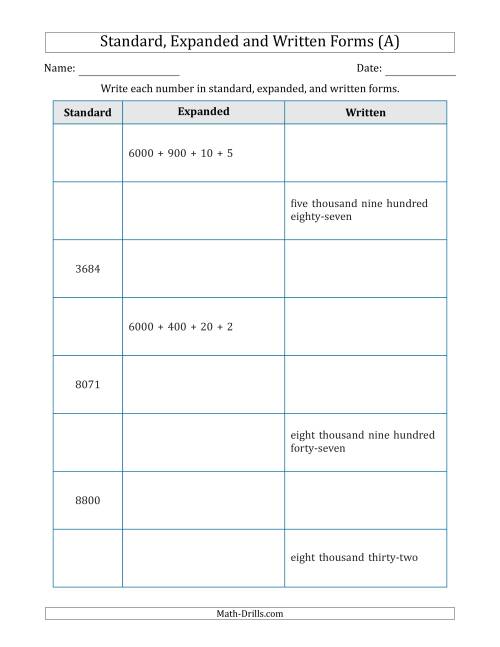 The Converting Between Standard, Expanded and Written Forms (4-Digit) (A) Math Worksheet