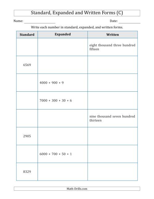 The Converting Between Standard, Expanded and Written Forms (4-Digit) (C) Math Worksheet