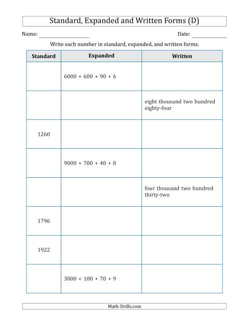 The Converting Between Standard, Expanded and Written Forms (4-Digit) (D) Math Worksheet