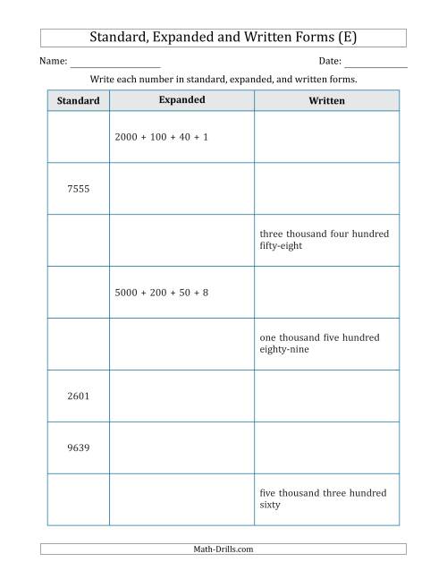 The Converting Between Standard, Expanded and Written Forms (4-Digit) (E) Math Worksheet