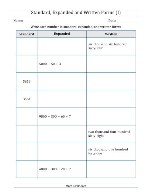 The Converting Between Standard, Expanded and Written Forms (4-Digit) (I) Math Worksheet