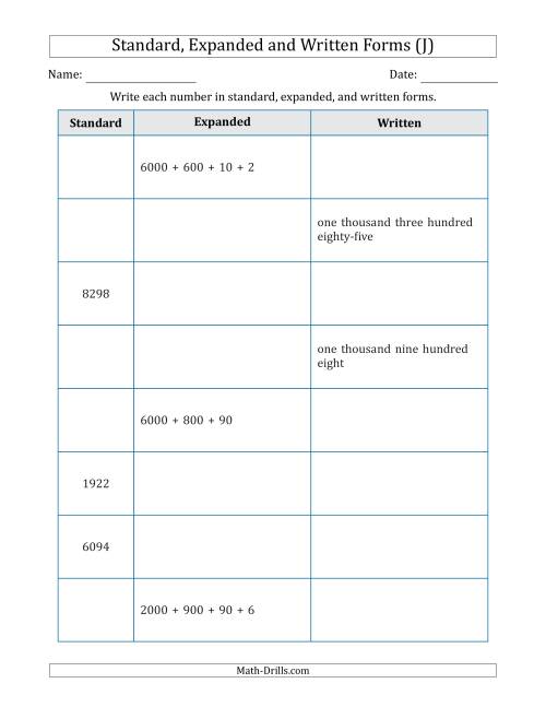 The Converting Between Standard, Expanded and Written Forms (4-Digit) (J) Math Worksheet