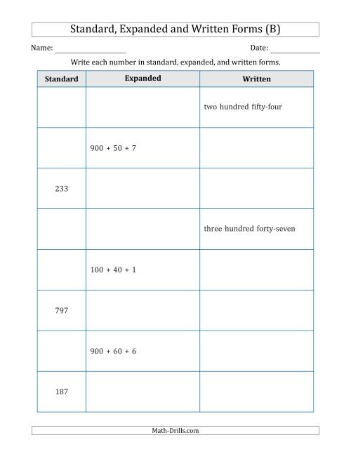 The Converting Between Standard, Expanded and Written Forms (3-Digit) (B) Math Worksheet